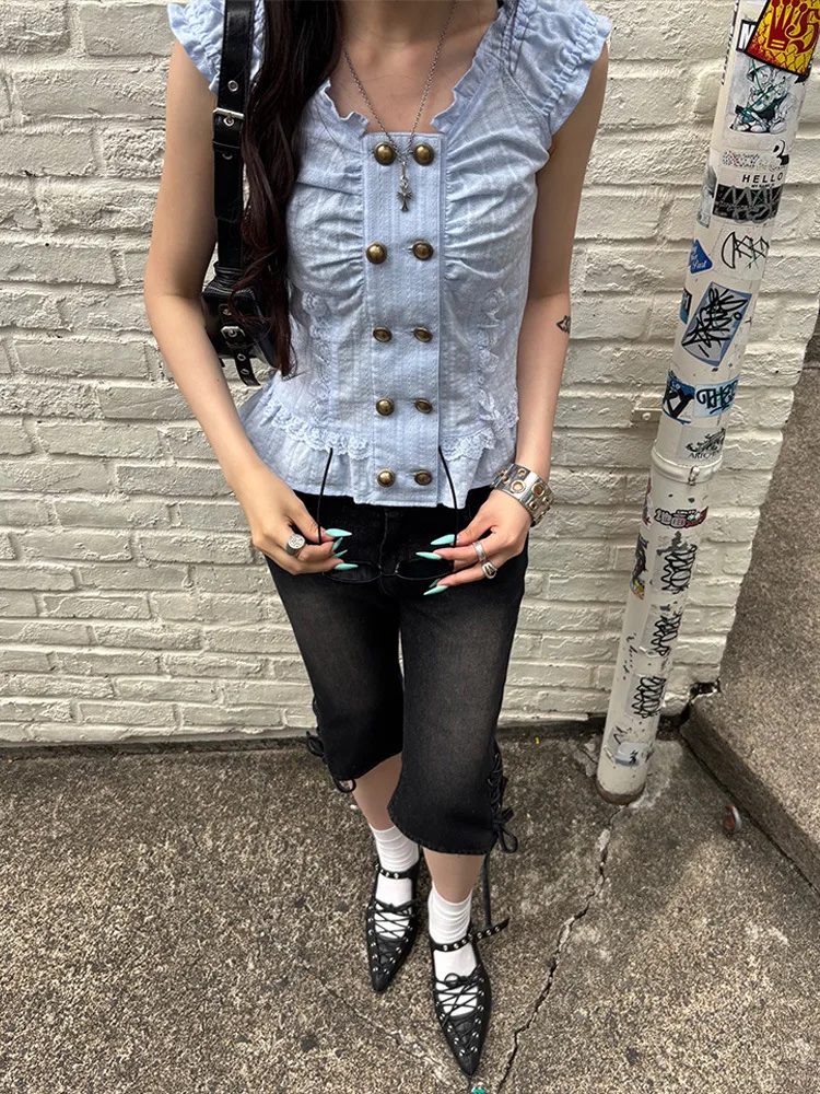 Summer Elegant Gentle Sweet Kawaii Style Button Short Sleeve Polo Shirt American Retro High Street Versatile Short Sleeve Top