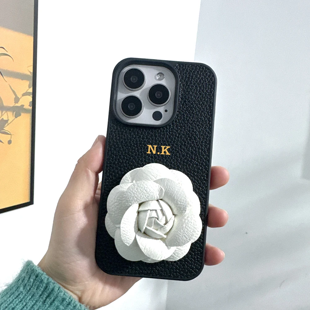 Individuality customized name PU leather 3D camellia hard Case for iPhone16 15 14 Phone Cover 13 12 11 Pro Shockproof Back Funda