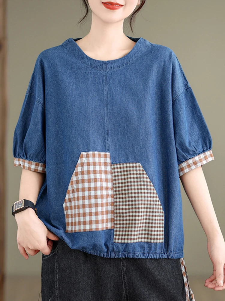 Max LuLu Japanese Designer Clothes Womens Summer Fashion Denim Plaid T-shirts Ladies Casual Vintage Loose O Neck Tops 2024 Tees