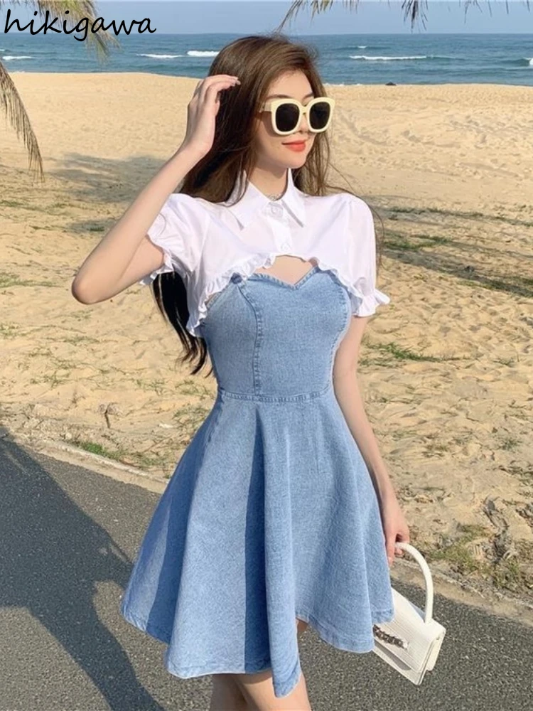 Summer Dress Suit Fashion Two Piece Set for Women Sweet Ruffles White Crop Tops Slim Denim Sling Dress Sets Korean Y2k Clothes