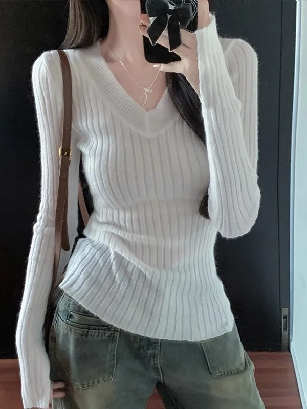 

Корейский женский свитер с V-образным вырезом, облегающий, с высокой талией, вязаный топ для осеннего сезона, повседневная одежда, однотонный