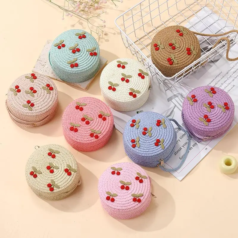 Children Foldable Woven Straw Bag Summer Girl Shoulder Bags Red Cherries Kids Handbags Beach Travel Crossbody Bags Small Wallets