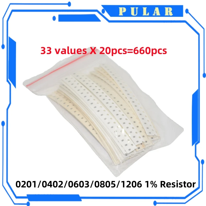 PULAR New 1206 0805 0603 0402 0201 SMD Resistor Sample Assorted Kit 1Ohm-1M ohm 1% 33valuesX 20pcs=660pcs