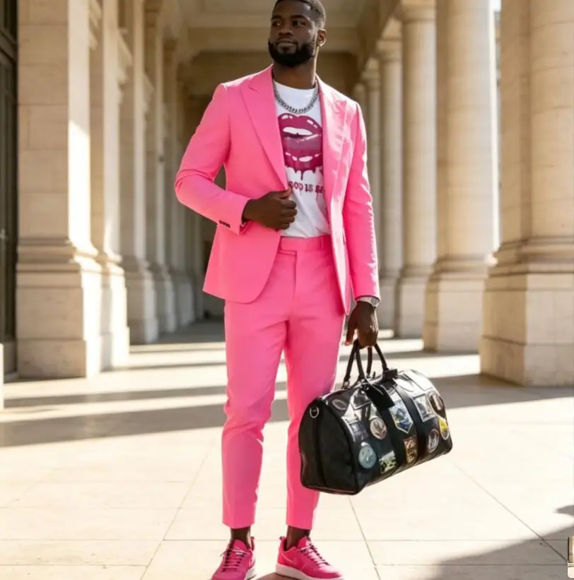 Rose Pink 2 Piece Men's Suits Latest Design Costume Homme Summer Wedding Groom Tuxedo Prom Party Suit Blazer Set (Jacket+ Pants)