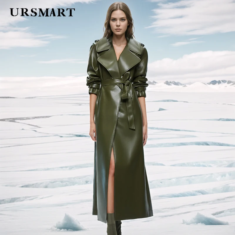 Sheepskin Windbreaker Coat for Women Long Length  Green Loose Fit Spring and Autumn Genuine leather coat