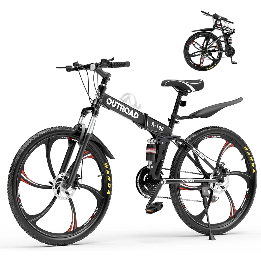 

26 Inch Folding Mountain Bike with 21 Speeds and Full Suspension for Adults Featuring Dual Disc Brakes High Carbon Steel Frame