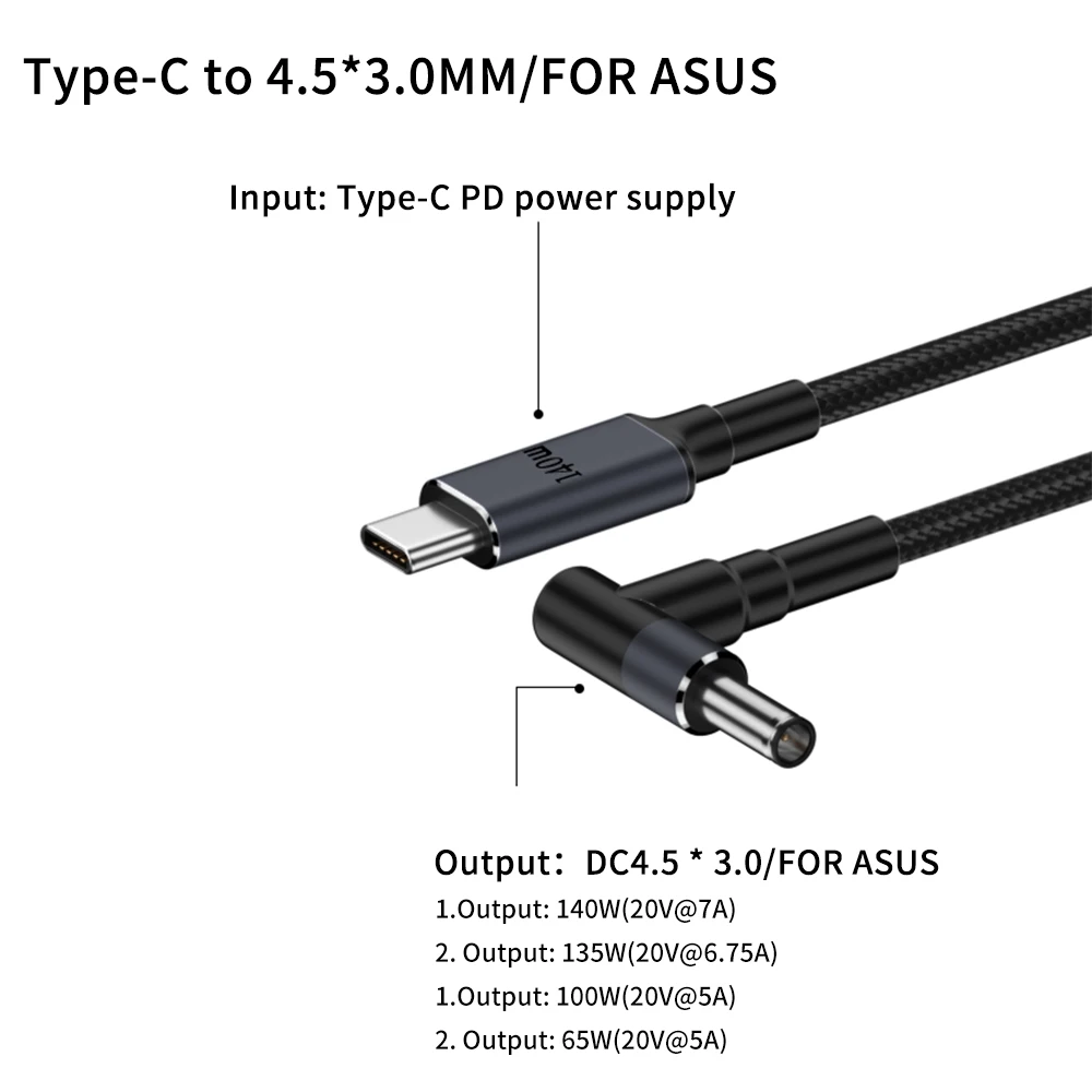 65/140W USB-C PD to DC Universal Laptop Charger Cable for ASUS Dell HP 7.4 * 5.0 4.5 * 3.0 DC Power Adapter Converter 1.8M Cable