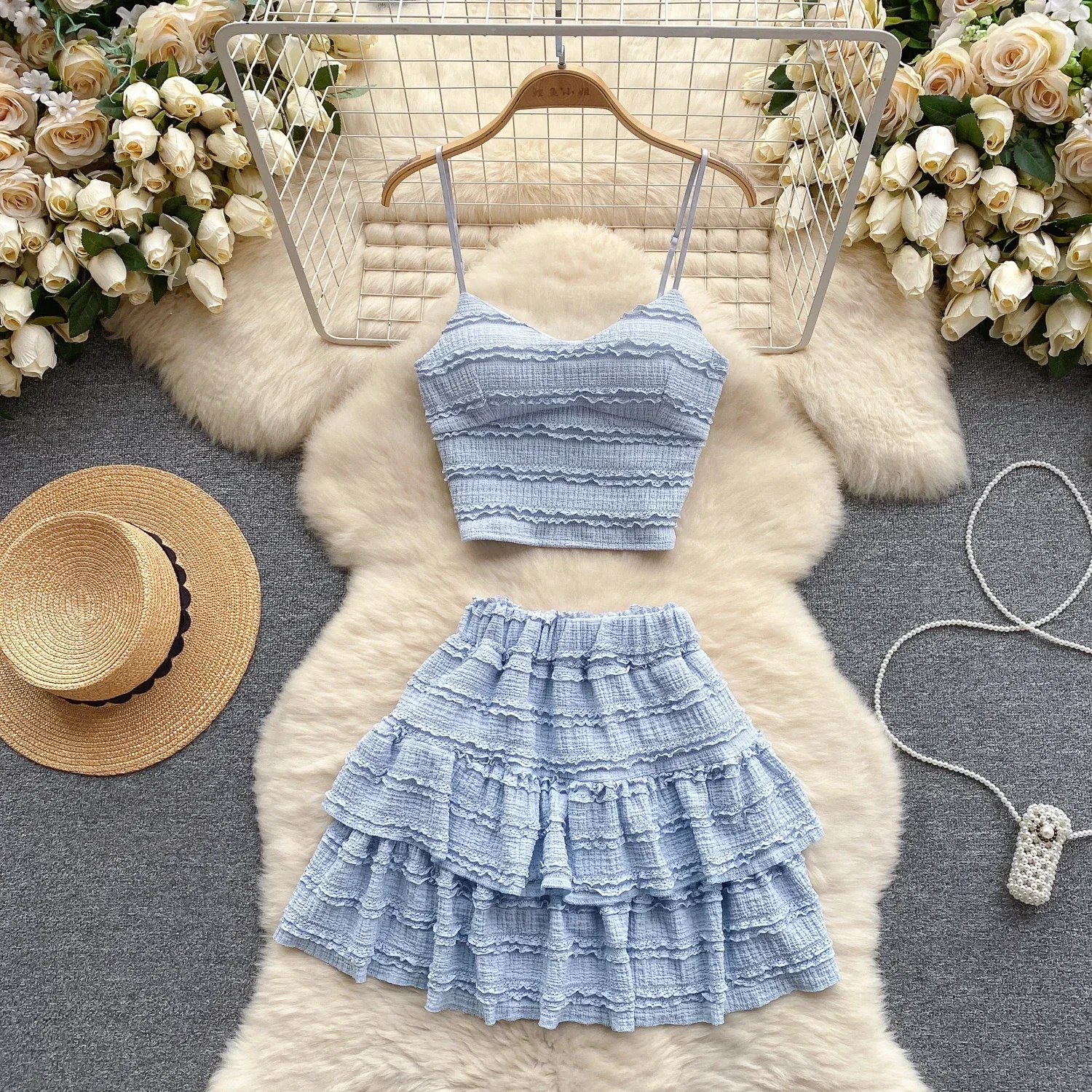 Women V-Neck Sweet Ruched Two Pieces Sets Strap Crop Tops+Short Pleated Skirt Women Korean Style Chic Summer Beachwear Suits