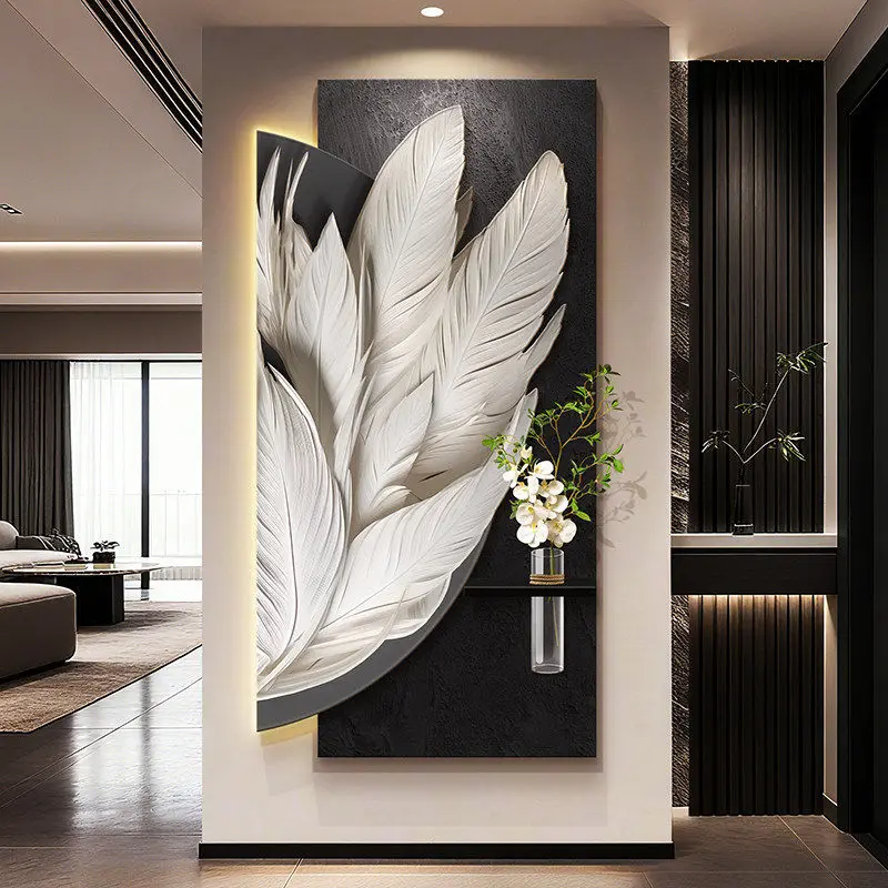 Italian minimalist feather entrance decoration painting hydroponic green plants corridor hanging mural lights