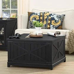 Coffee Table Farmhouse  with Hidden Storage Organizer, Black Square Large Center Table, House Low Modern Living Room Tables