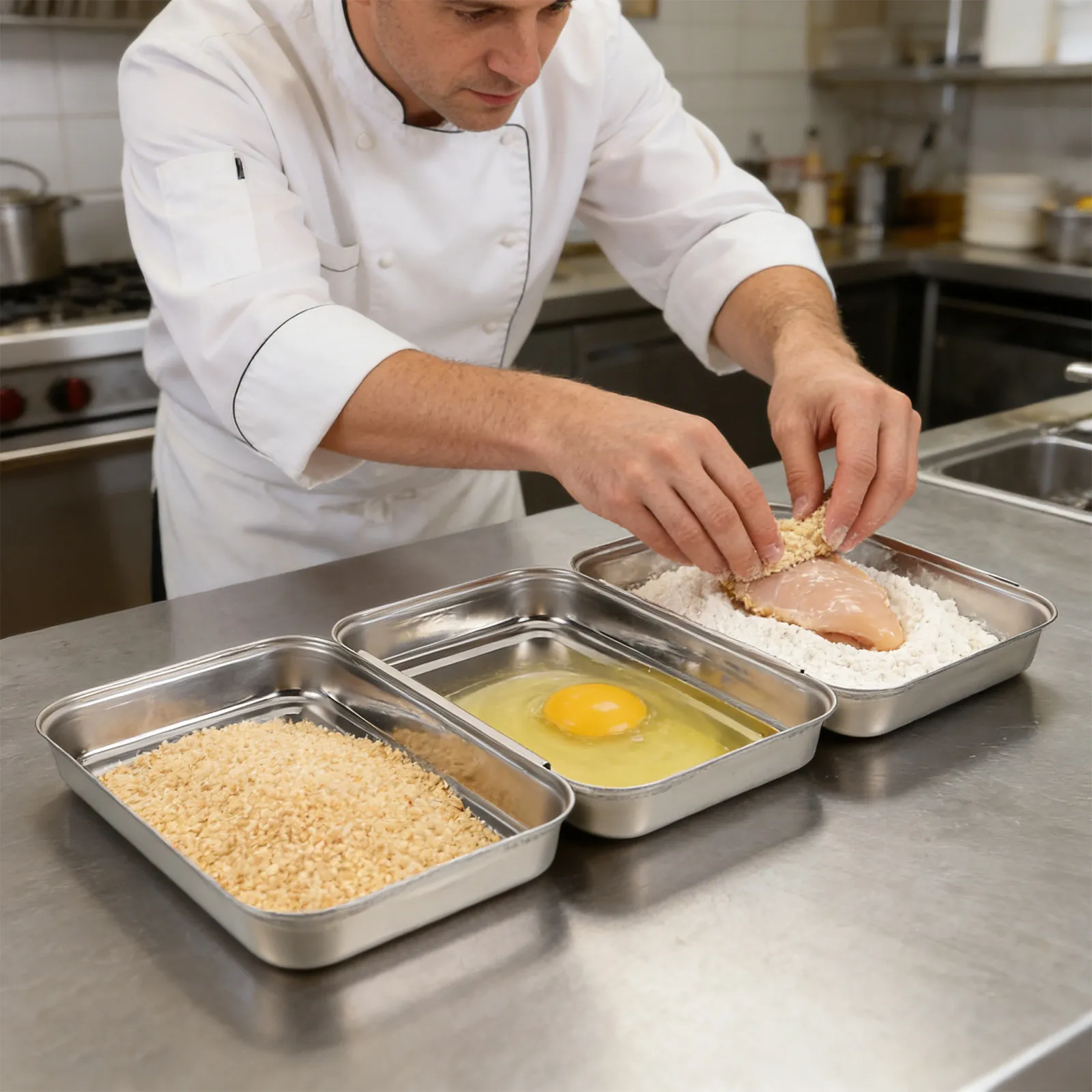 Juego de 1 bandeja de acero inoxidable entrelazable y apilable para rebozar pollo, carne, harina, huevo, pan, migas, marinar alimentos