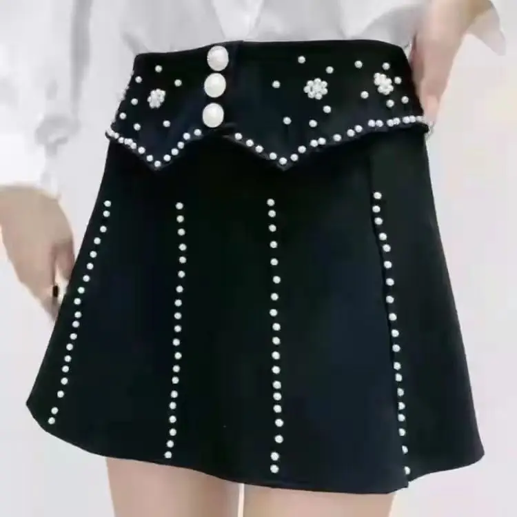 Autumn New Autumn Winter New  Beaded Versatile Half Skirt Women's High Waist Slim Pleated Skirt Short Skirt