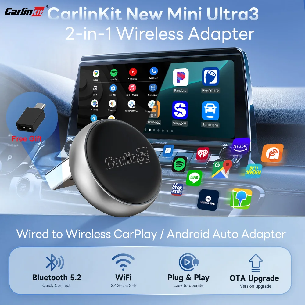 Mini Ultra 3 CarlinKit 5.0 Wireless Adapter Wireless CarPlay Android Auto For OEM Car Plug & Play WiFi Bluetooth Auto Connection