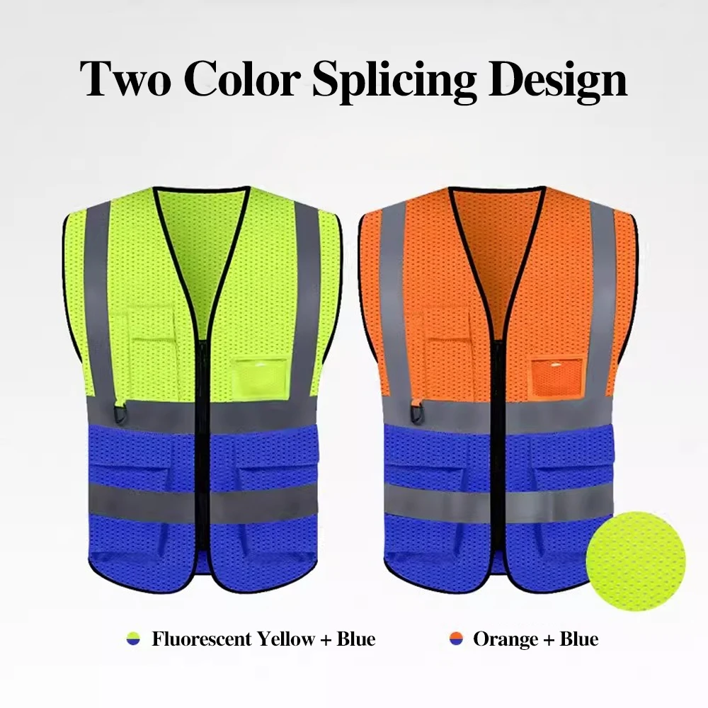 Reflective Mesh Safety Vest High Visibility Dual Color Zipper Front Safety Jacket Hi Viz Clothes Outdoor Protective Workwear