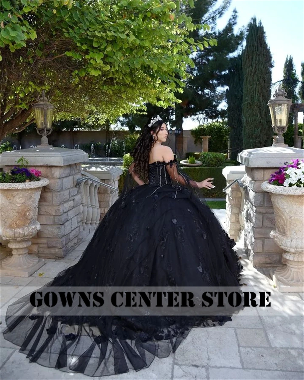 New Design 2024 Princess Black 3D Flowers Quinceanera Dress With Cape Off Shoulder Ball Gown Wedding Gowns Sweet 16 Customized