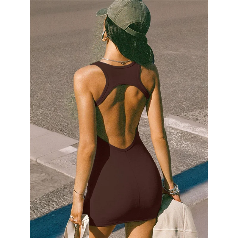 Womens Bodycon Mini Dress Backless Casual Cute Sundresses Ribbed Summer Tank Dress