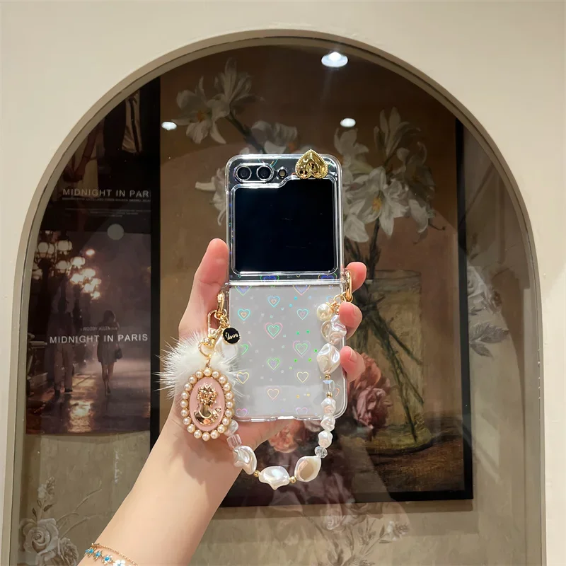 Fashion Transparent laser heart Phone Case For Samsung Galaxy Z Flip 6 5 4 3 Z Flip5 Flip6 Flip4 5G Cover with Chain Cases Funda