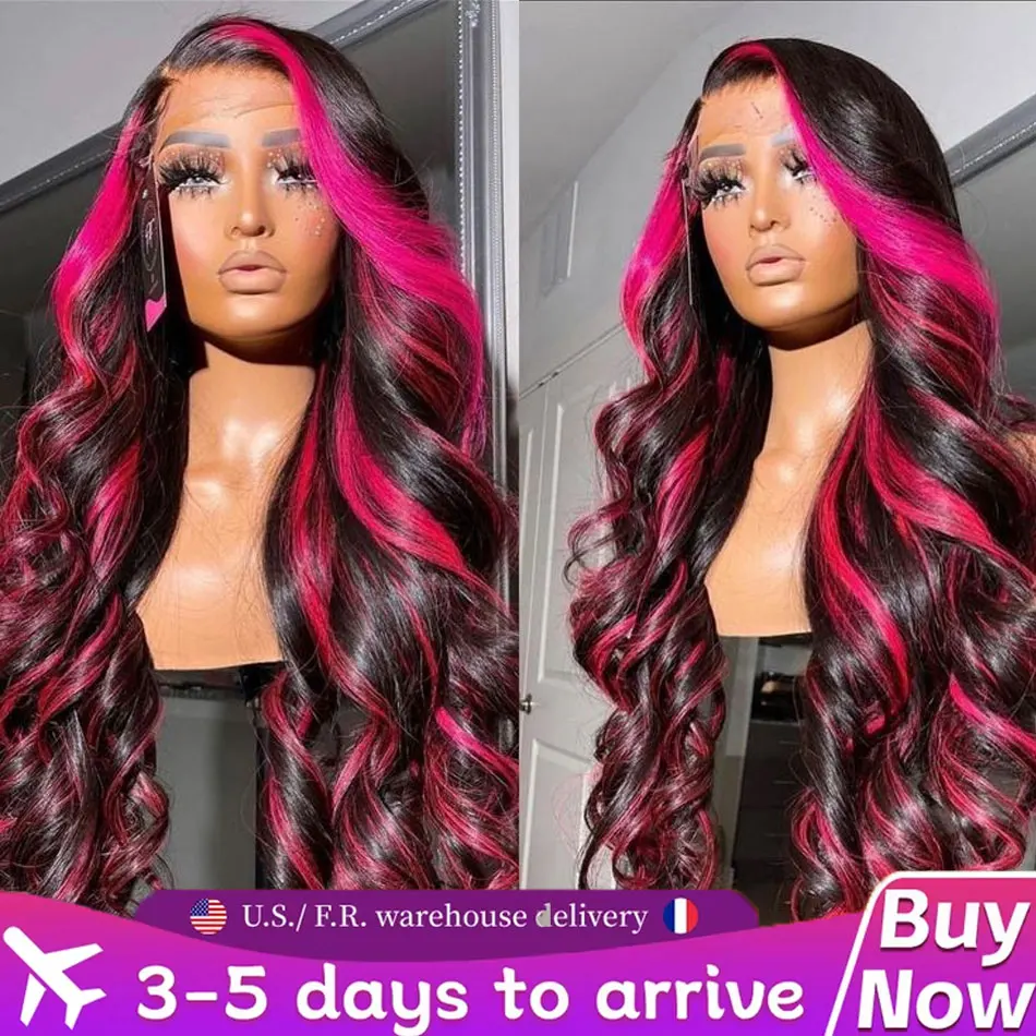 Peluca de cabello humano con encaje frontal de 32 pulgadas, color rosa ombré, 13x6, 1B/rosa con reflejos, ondulada, frontal de encaje, rosa y negro.