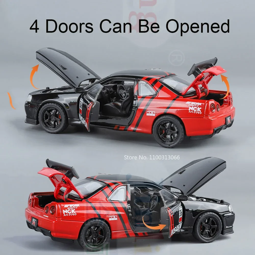 SKYLINE-GTR Alloy Toys Carros para Crianças, Modelo Diecast, Pull Back, Carro Esportivo com Música Leve, Veículo, Presentes de Aniversário, Escala 1:32
