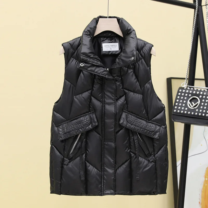 

Autumn Winter Women Loose Down Cotton Vest Windproof Coat Sleeveless Cardigan Stand Collar Waistcoat Warm Solid Pockets Jackets