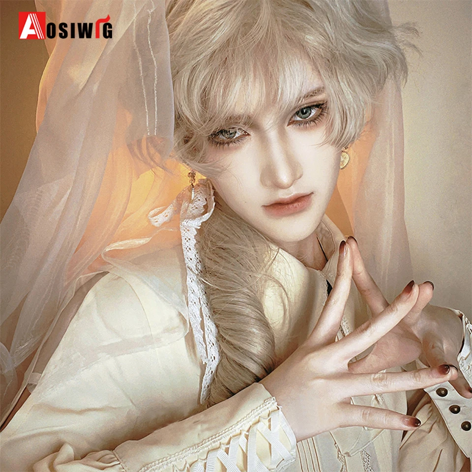 AOSI JK Synthetic Cosplay Elf Prince Short Curly Hair Mullet Head Wig Gold Red Grenn Wig For Boy Cosplay Gradient Color Wig