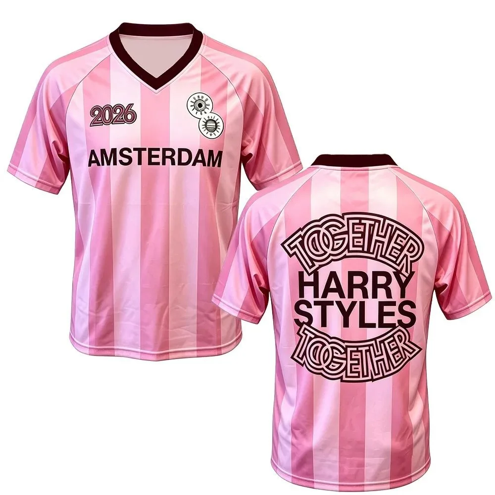 Summer HarryStyles Amsterdam Merch Pink Soccer Jersey Shirt 2026New Arrivals Shirts V-neck Breathable Short Sleeve Loose Tee
