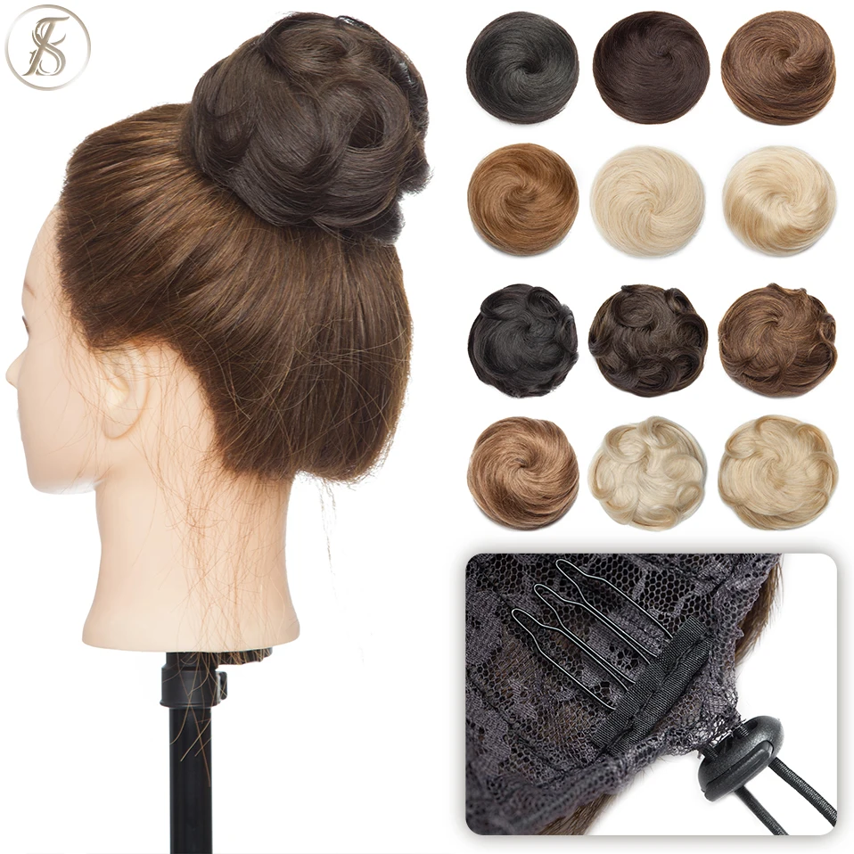 

TESS 30g Hair Bun Chignon 100% Human Hair Donut Brown Blonde Headwear Wrap On Elastic Scrunchie Curly Color Hairpiece Extensions