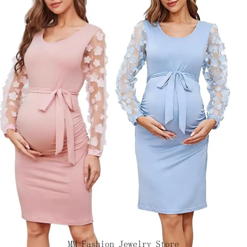 Umstandskleid mit Rundhalsausschnitt, figurbetontes Netz-Langarmkleid für Babyparty, lässiges Lounge-Schwangerschaftskleid D0UB