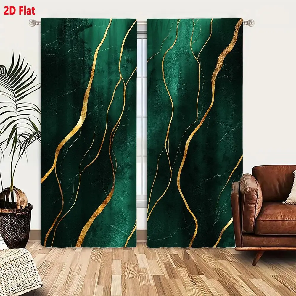 2Pcs Curtains Add 2D Flat Abstract Emerald Green And Gold Art Composition With Flowing Lines Window Drapes for Bedroom Room Deco