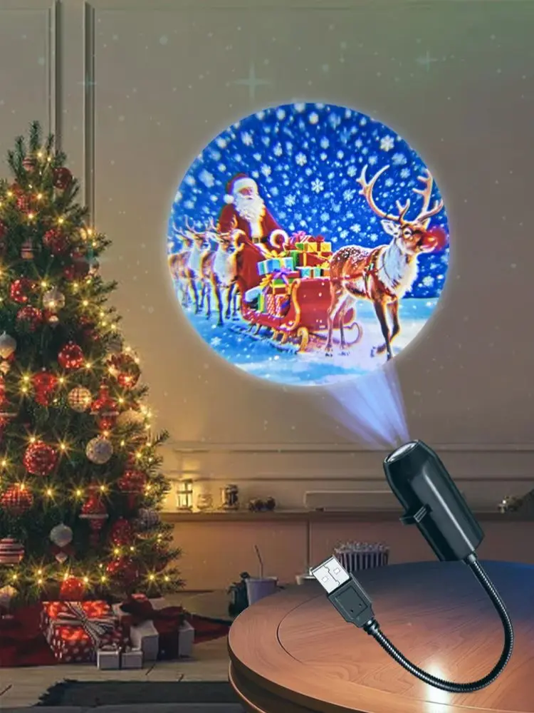 USB Projector Light Christmas Elk Santa Claus Night Light Switchable Pattern LED Projector Lamp for Room Ceiling Window Decor