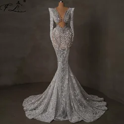 2025 Luxury Long Sleeves Celebrity Dresses Mermaid Crystals Silver Crystal Evening Gowns For Women Vestidos De Noche Customized