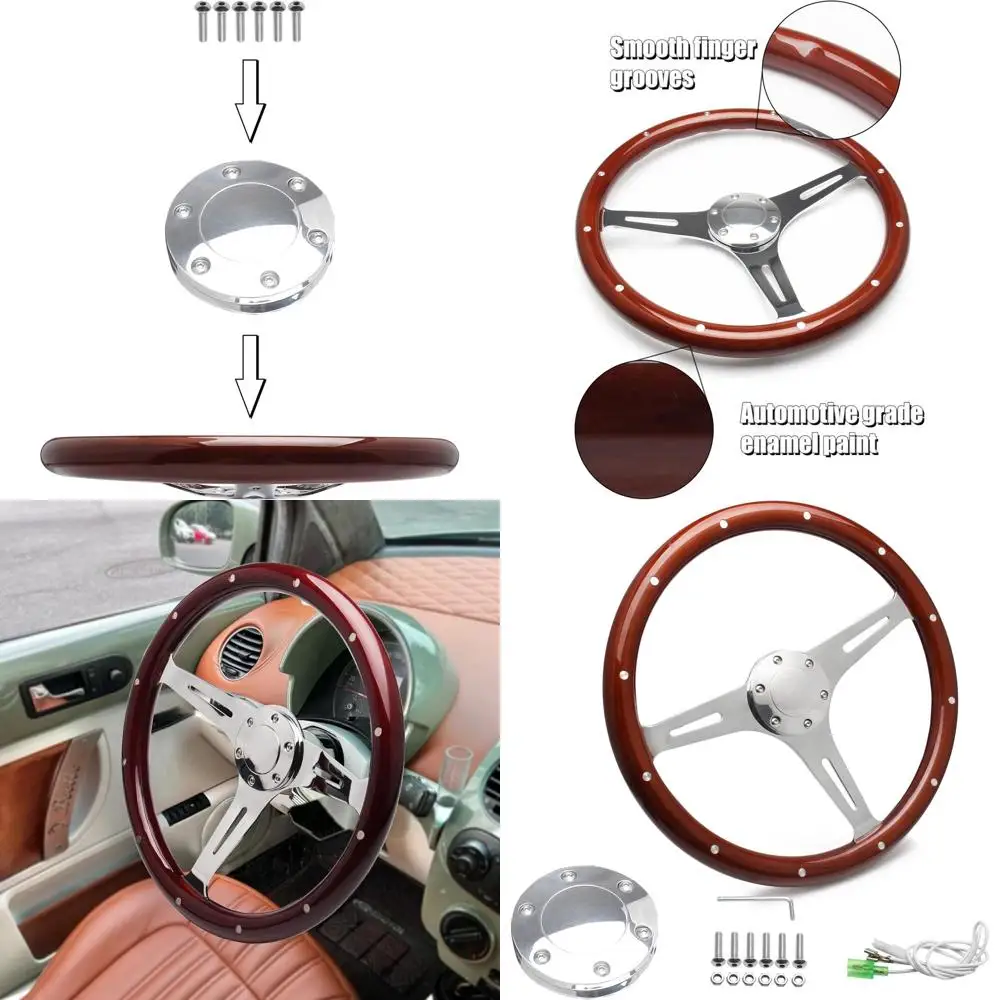 

15-дюймовый классический руль под дерево с заклепками, легкая деревянная ручка, универсальные автомобильные рулевые колеса с прорезями, 3 спицы, с рожком, но