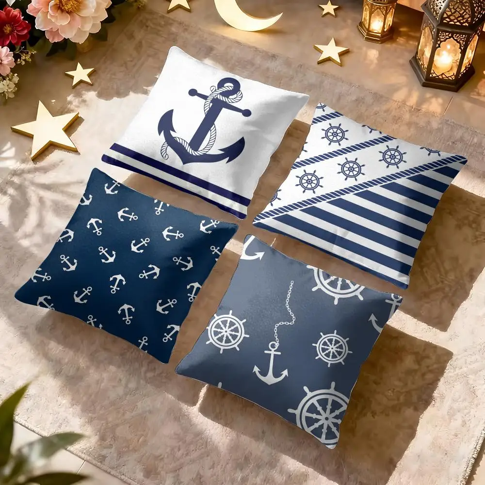 Nautical Anchor Ship Wheel Cushion Cover Soft Short Plush Pillow Cover Smooth Cozy Texture Aesthetic Cushion Case Home Decor