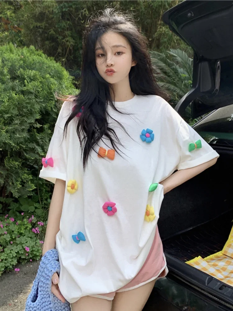 Chic Loose Stereoscopic Flower Women T-shirts 2023 Summer Sweet All Match Tees O-neck Short Sleeve Female Oversized Pullovers