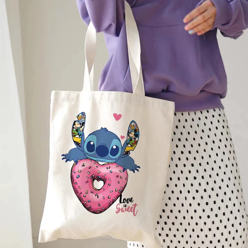 Disney Stitch Tote Bag Canvas Shoulder Bag Eco Hip Hop Lilo and Stitch Shopping Bag Women Tote Harajuku Shopper Bag Female