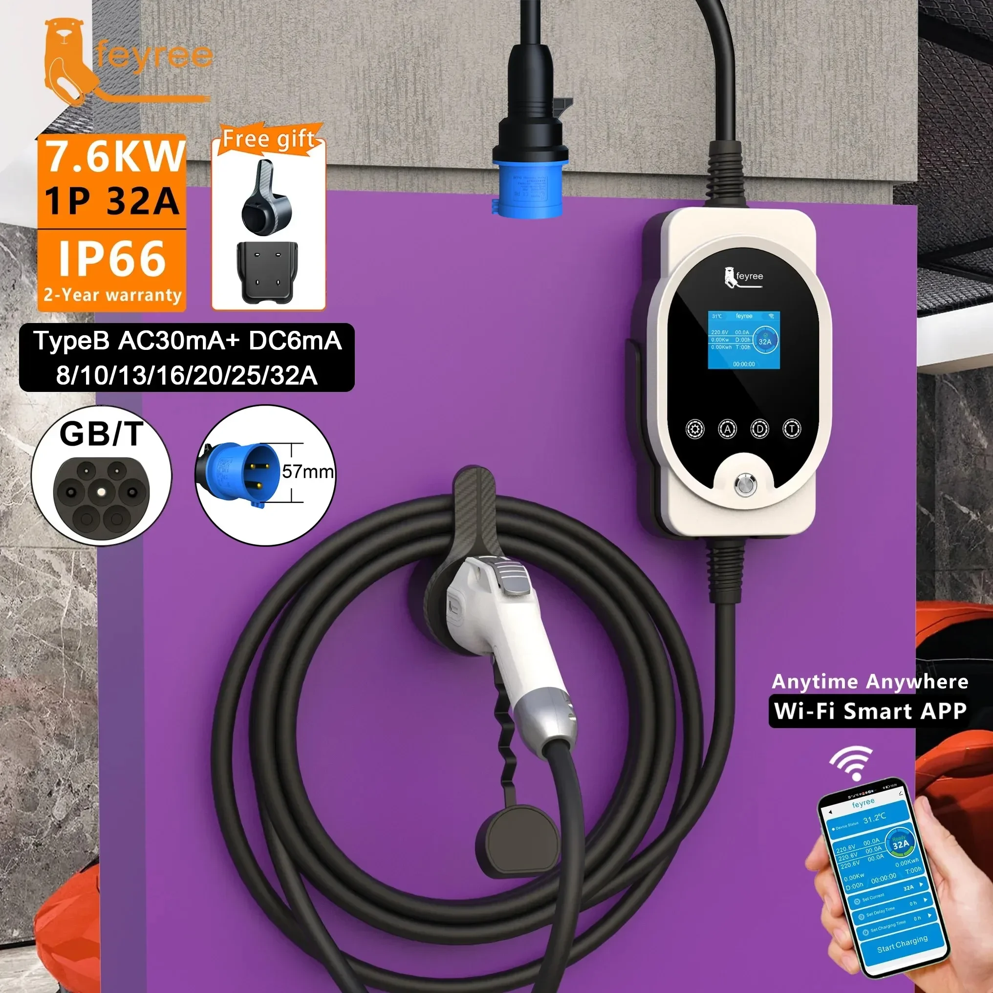 Feyree EV Charger GB/T Socket 7KW 32A Verstelbare APP Bluetooth Versie Set Oplaadtijd EVSE Oplaaddoos voor elektrisch voertuig