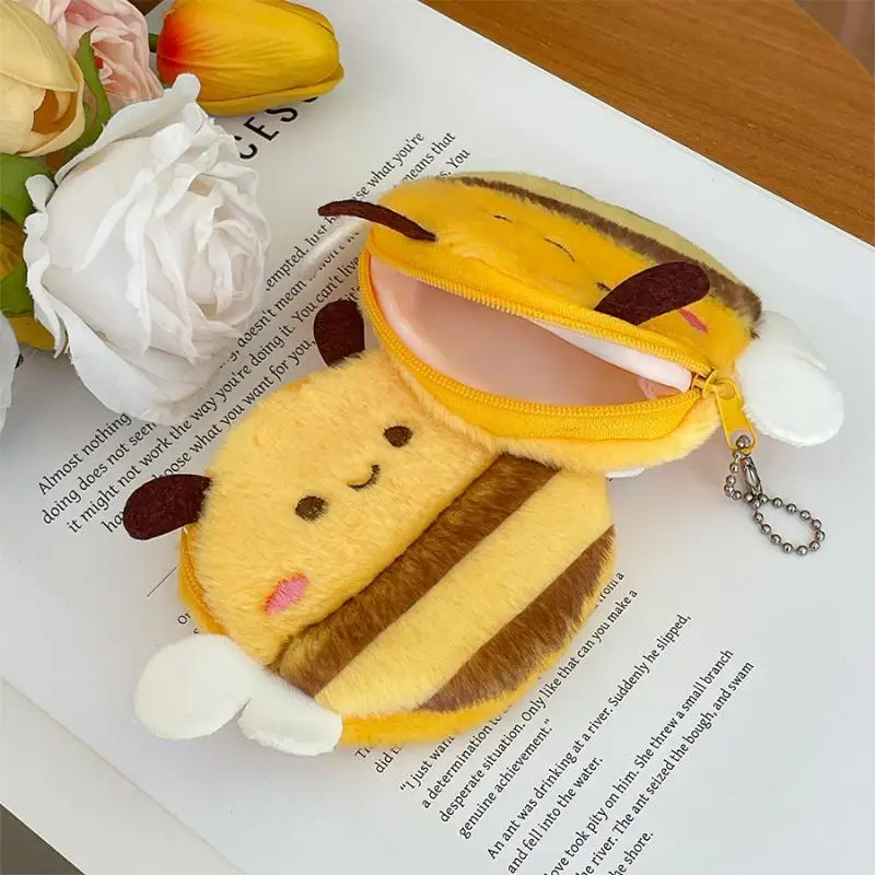 1Pcs Adorable Bee Plush Coin Purse Fluffy Cartoon Animal Money Bag Pendant Small Wallet for Kids Daily Carry