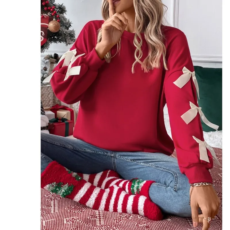 Pull à col rond pour femme avec nœud rouge, sweat à capuche de Noël confortable, pull à la mode, automne et hiver, 2025