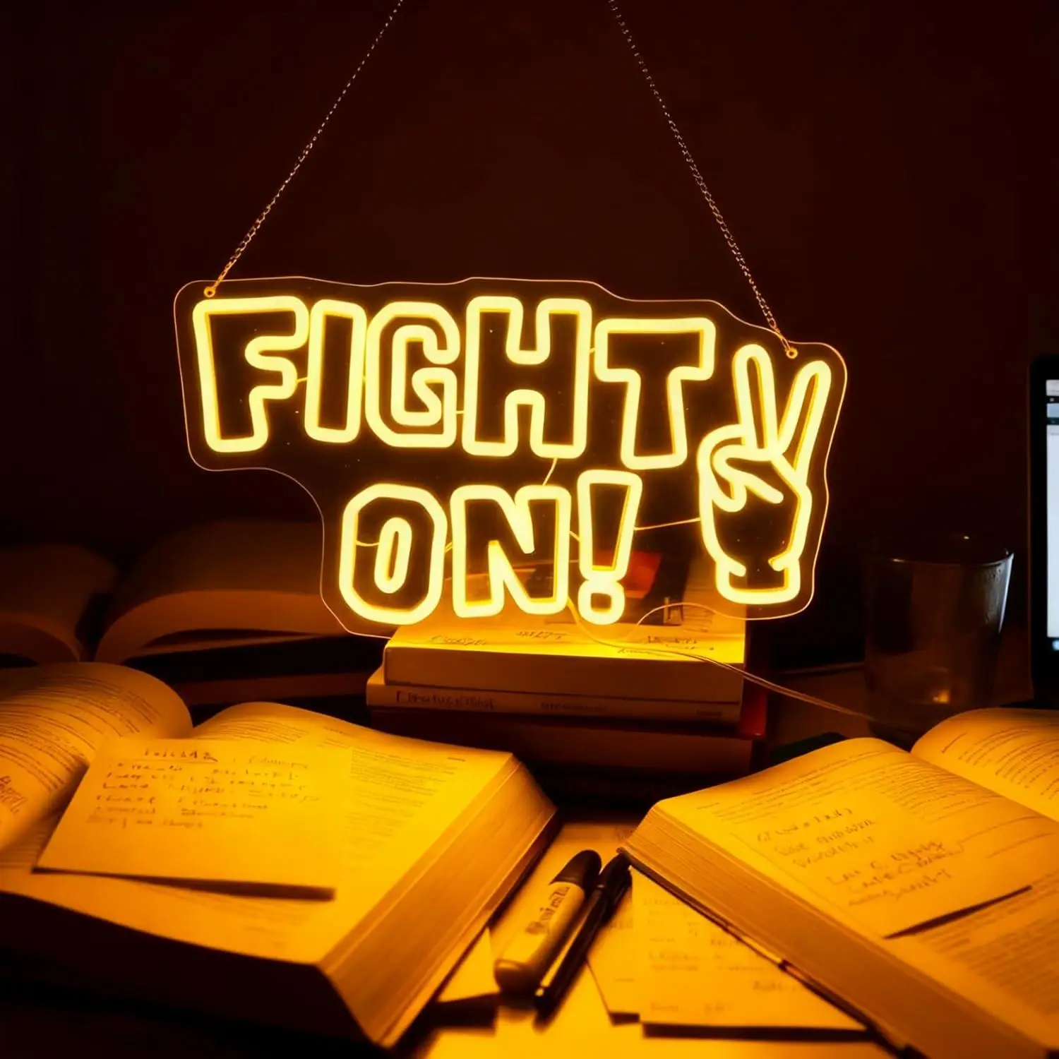Letreiro Neon Fight On: Luz de Parede LED Motivacional com Mão da Vitória para Decoração de Sala de Jogos, Academia, Escritório – Alimentação USB, Presentes Inspiradores