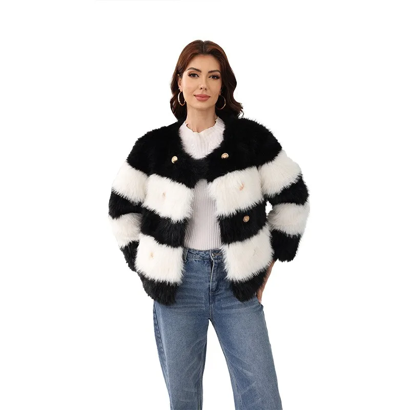 Women's Red and White Black and White Two-color Splicing  Imitation Fur Coat Fur Coat Winter New Elegant Temperament Yangqi
