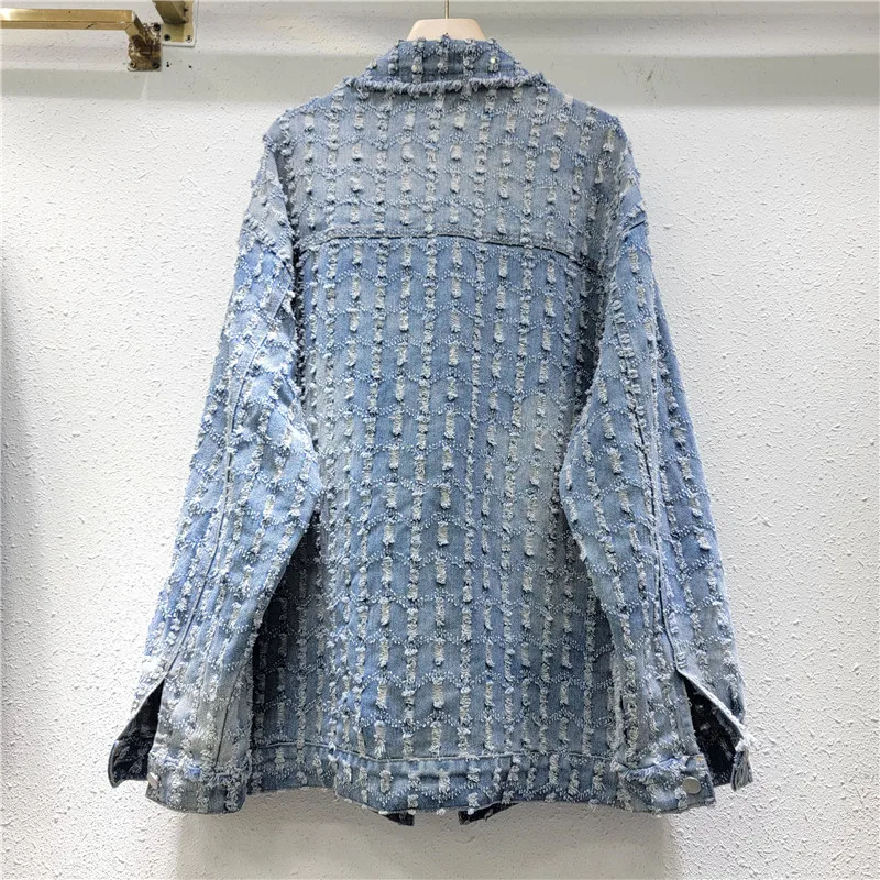 Spring New Women Vintage Pearl Beading Frayed Burrs Denim Jacket Blue Black Loose Casual Lapel Long Sleeve Cowboy Coat Female