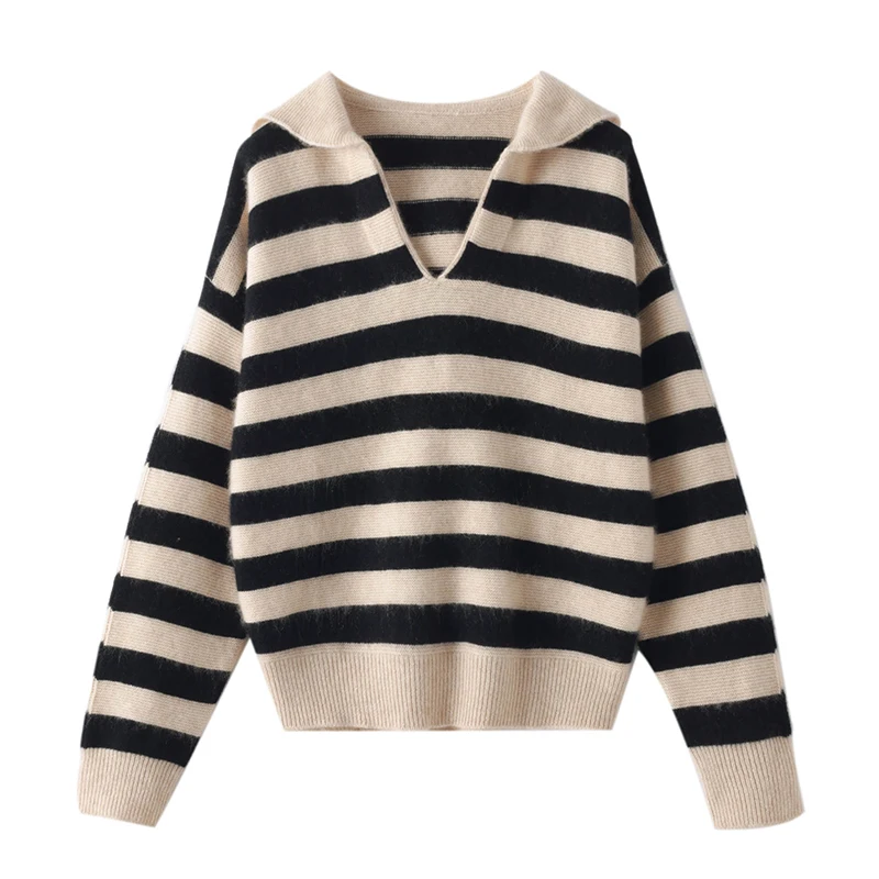 WinvyNee Women Cashmere Wool Striped Sweaters Polo V Neck Casual Loose Outerwear Warm Knitted Pullovers Oversize Autumn A1044020