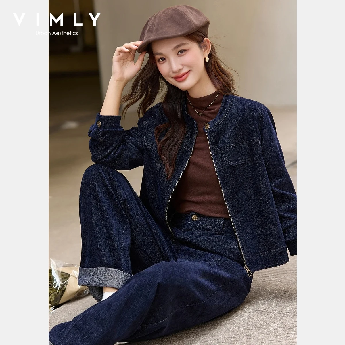 ชุดเดนิมสองชิ้น VIMLY สำหรับผู้หญิง คอลเลคชั่นฤดูใบไม้ร่วง 2025 เสื้อแจ็คเก็ตคอทรงกลมติดซิปด้านหน้า และกางเกงขายาวทรงกว้าง สไตล์ลำลอง สวมใส่สบาย รุ่น A3093