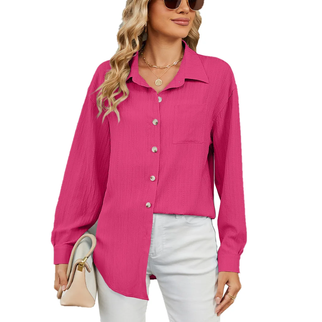 Camicia da lavoro casual da donna a maniche lunghe con risvolto e bottoni in maglia a costine Camicia da lavoro elegante da ufficio da donna Camicia da donna in tinta unita alla moda