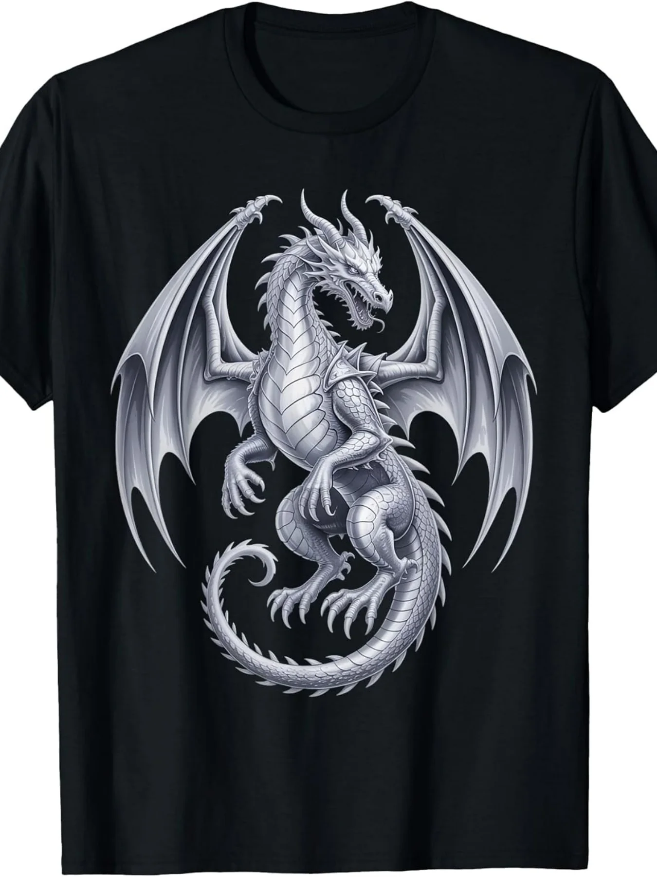 Retro Silver Dragon T-shirt Mythical Fantasy Biological Art Casual Suitable for Party Beach Sports Regular Edition