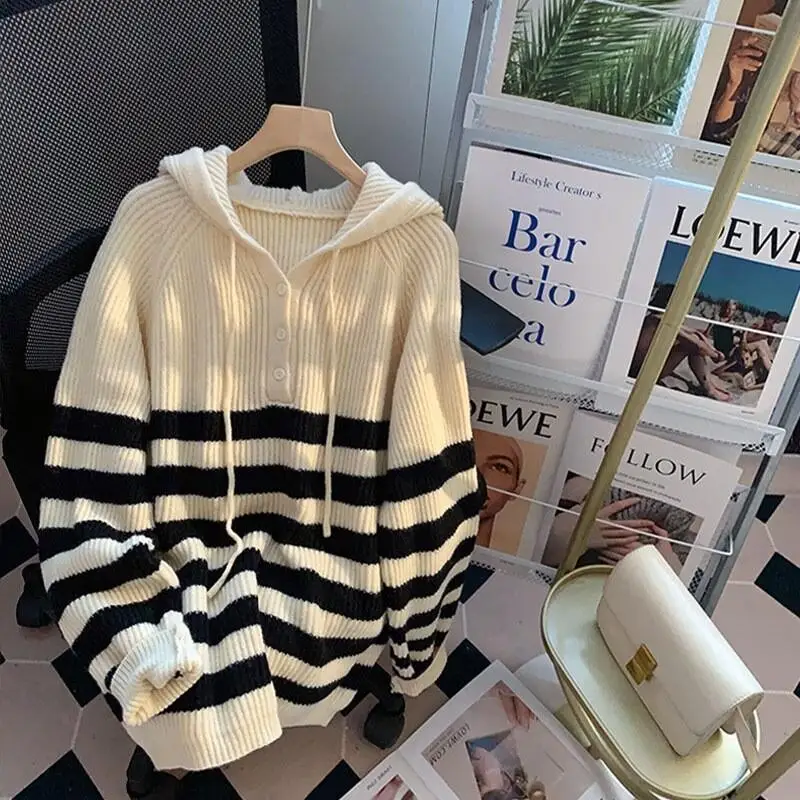 Camisola feminina menina inverno pulôver com capuz camisola de malha listrado bloco de cor manga longa fino ajuste moda topos casual faculdade