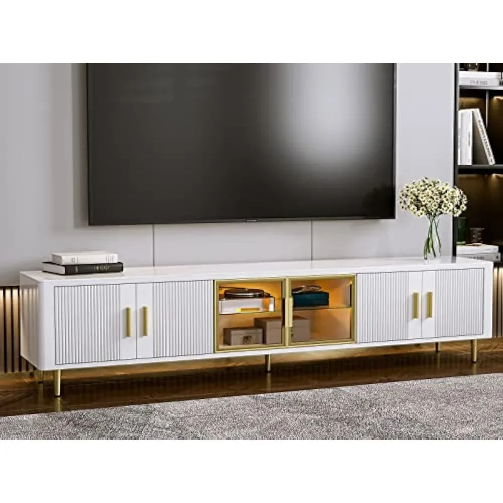 

Modern TV Stand for 85+ Inch TV, White LED Slate Entertainment Center with Glass Storage Cabinets