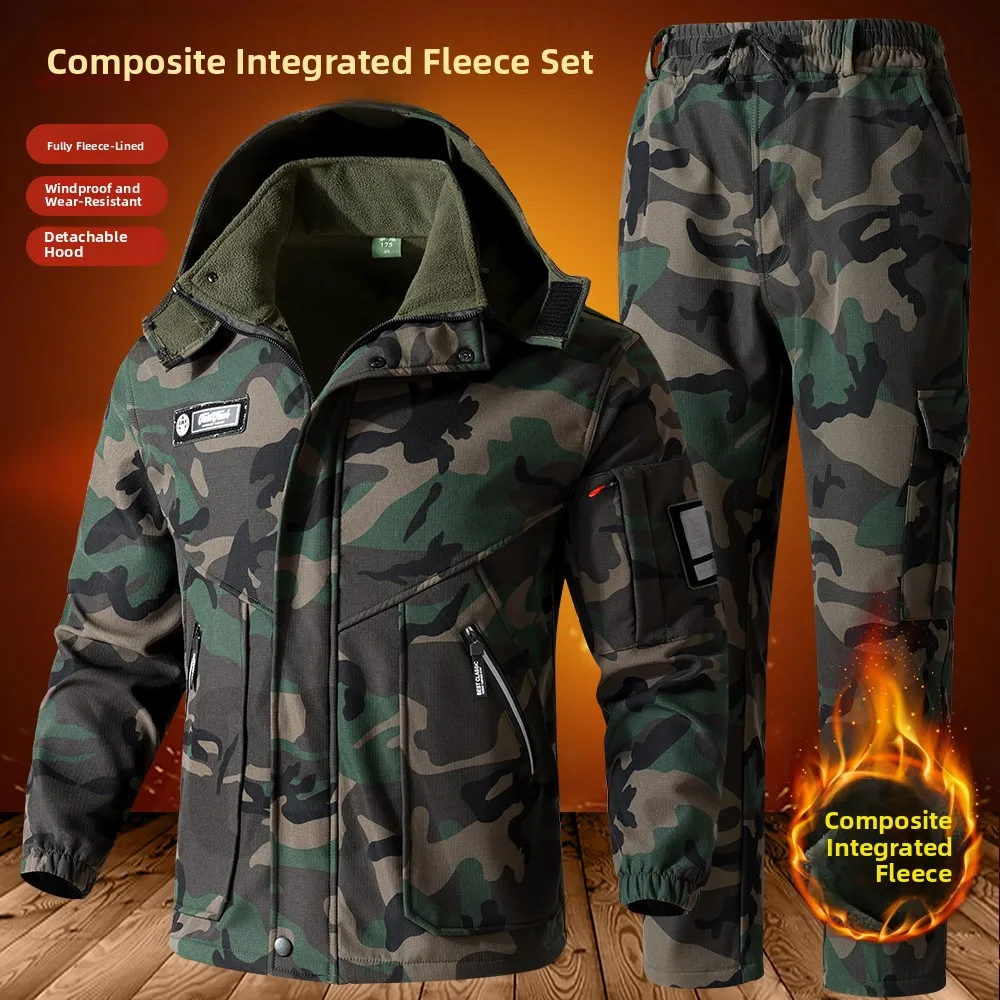 

Thiened Fce Camouflage Workwear Set for Men with Reflective Strips Warm And Durable Anti-Cold Labor Protection Clothing