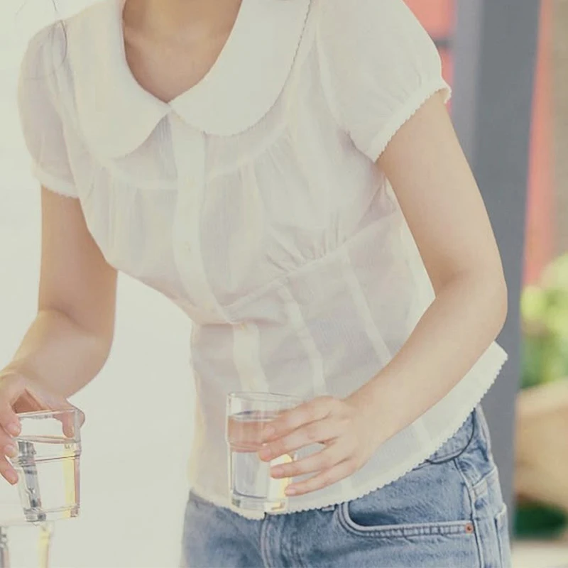 

Sweet Girl Doll Neck White Shirt Blouse Women Front Button Short Sleeve Summer Tops Preppy Style Shirts