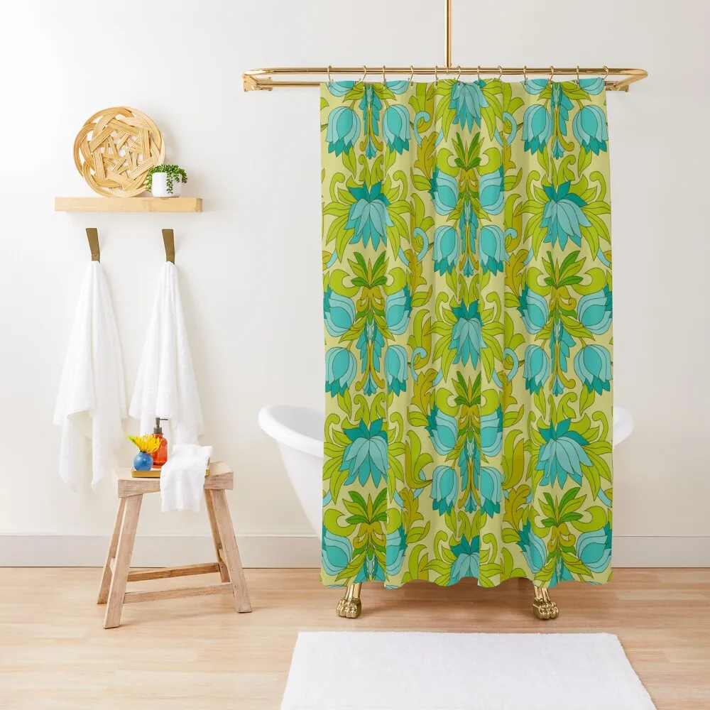 

Turquoise and Green Leaves 1960s Retro Vintage Pattern Shower Curtain Bathroom Box Anti-Mold Waterproof Shower Curtain